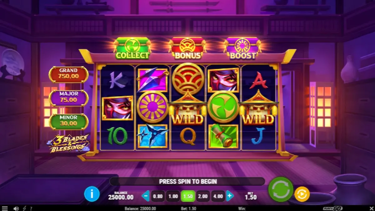 Tampilan visual slot 3 Blades & Blessings dengan tema ninja dan latar belakang Jepang feodal.